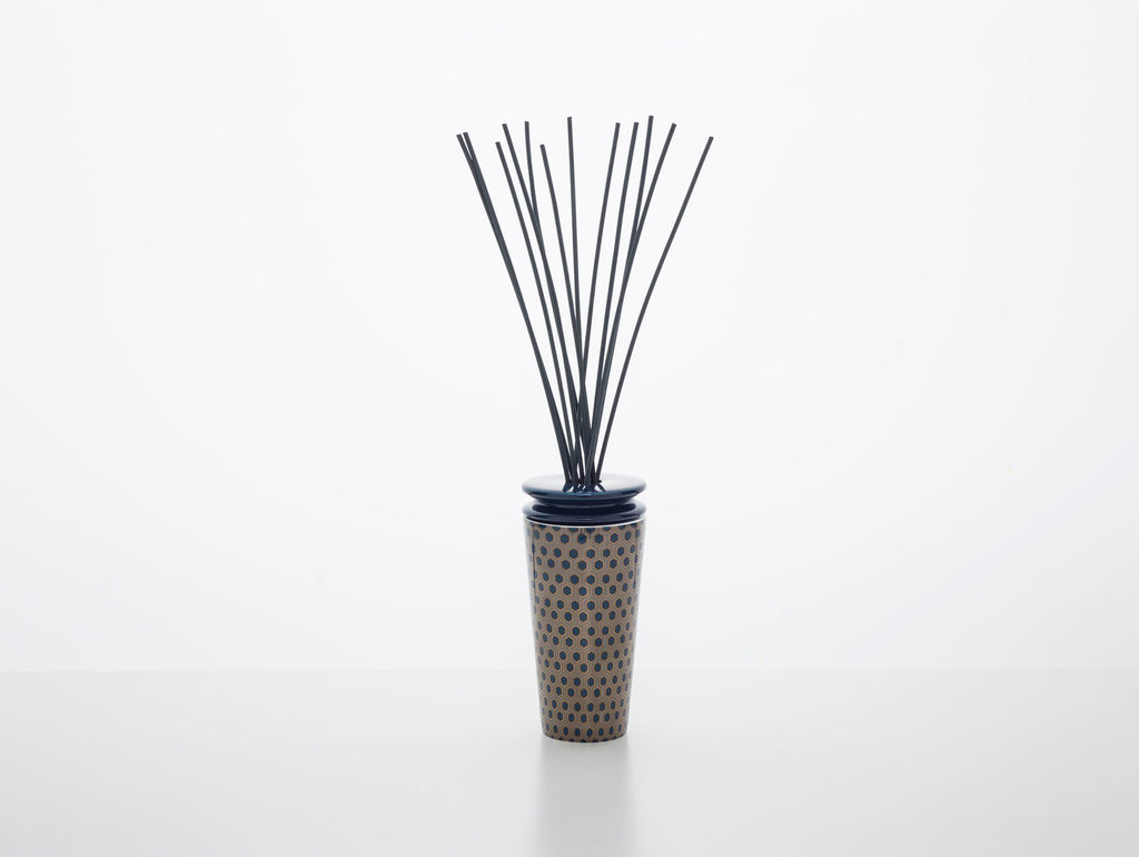 Geurdiffuser Ilum Cologne Retro porselein blauw met geometrisch patroon, klein, met geurstokjes