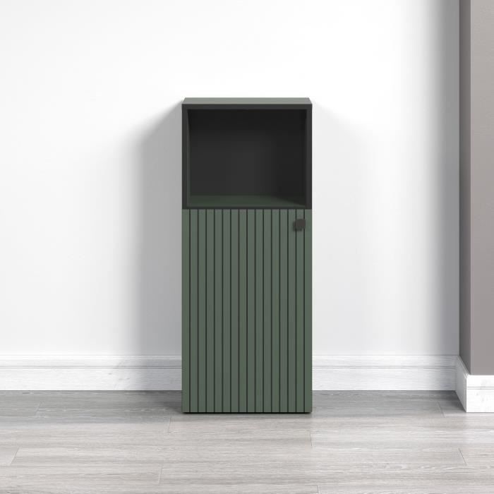 Badkamerkast saliegroen met zwart, open vak en gegroefd deurfront, L40 x H95 x D31 cm