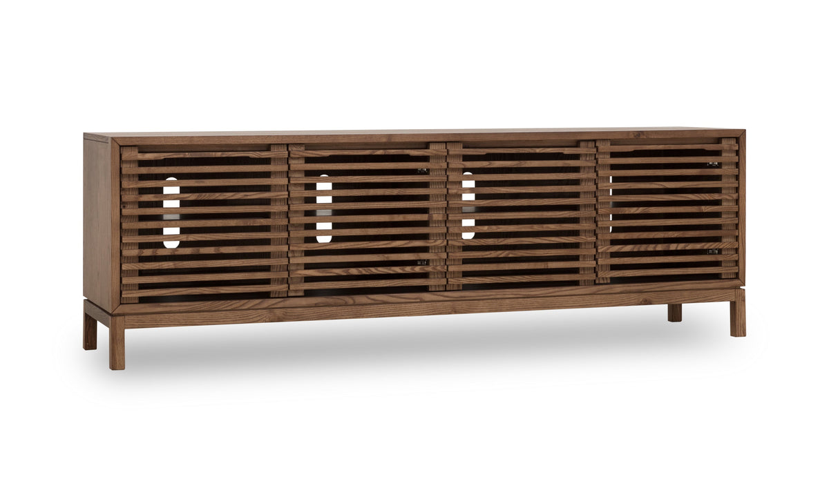 Tv-meubel essenhout Tanner Japandi Roux bruin 198 x 46 x 66 cm, vierdeurs met lamellenfronten