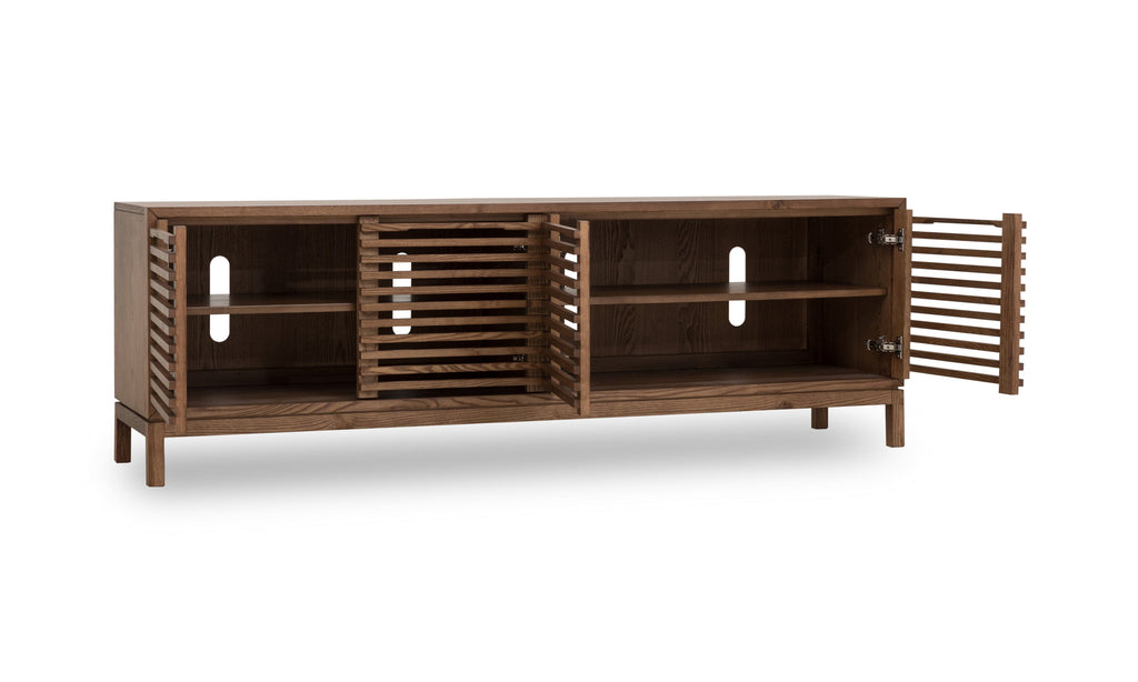 Tv-meubel essenhout Tanner Japandi Roux bruin 198 x 46 x 66 cm, vierdeurs met lamellenfronten