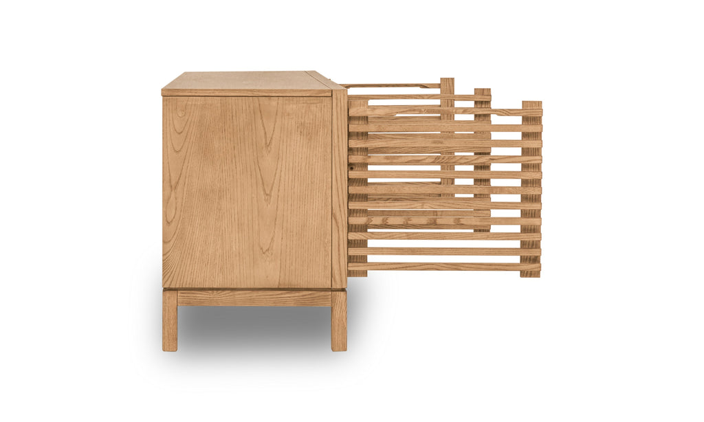 Tv-meubel essenhout Tanner Japandi lamellen vlaskleur 198 x 46 x 66 cm, vierdeurs mediaconsole