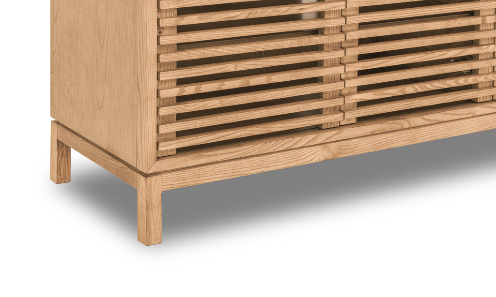 Tv-meubel essenhout Tanner Japandi lamellen vlaskleur 198 x 46 x 66 cm, vierdeurs mediaconsole