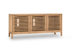 Tv-meubel massief essenhout Tanner lamellen Flaxen naturel, drie deuren – B 124 x D 46 x H 66 cm