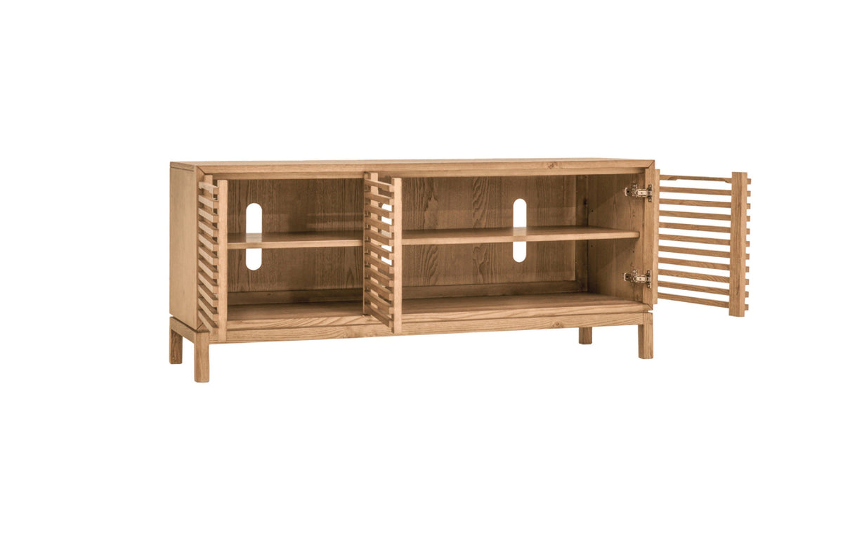 Tv-meubel massief essenhout Tanner lamellen Flaxen naturel, drie deuren – B 124 x D 46 x H 66 cm