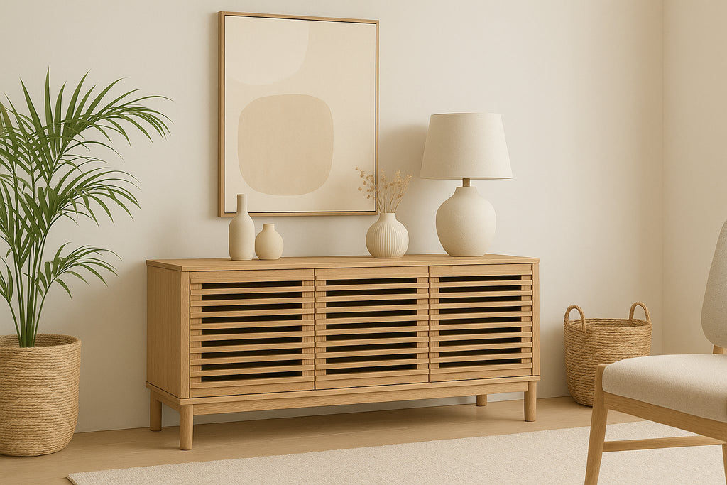 Tv-meubel massief essenhout Tanner lamellen Flaxen naturel, drie deuren – B 124 x D 46 x H 66 cm
