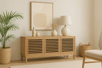 Tv-meubel massief essenhout Tanner lamellen Flaxen naturel, drie deuren – B 124 x D 46 x H 66 cm