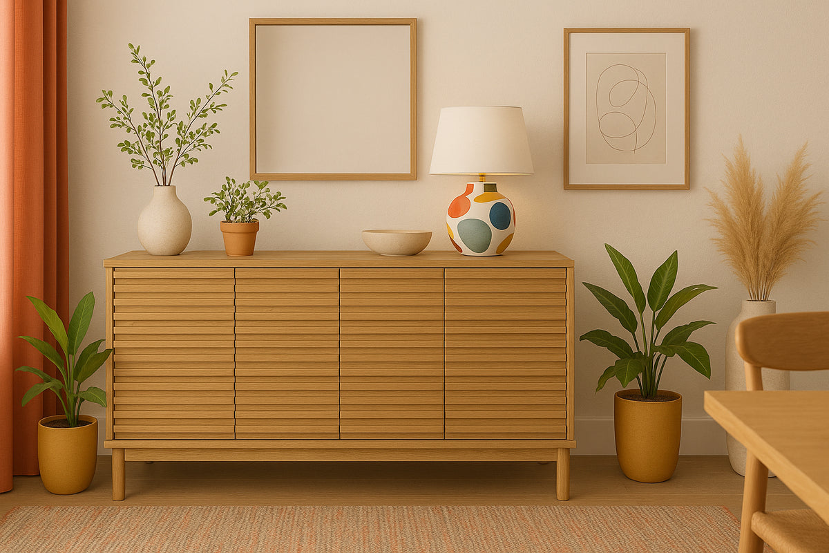 Dressoir massief essenhout Tanner Flaxen lamellen vierdeurs 163 x 46 x 79 cm, woonkamer en eetkamer