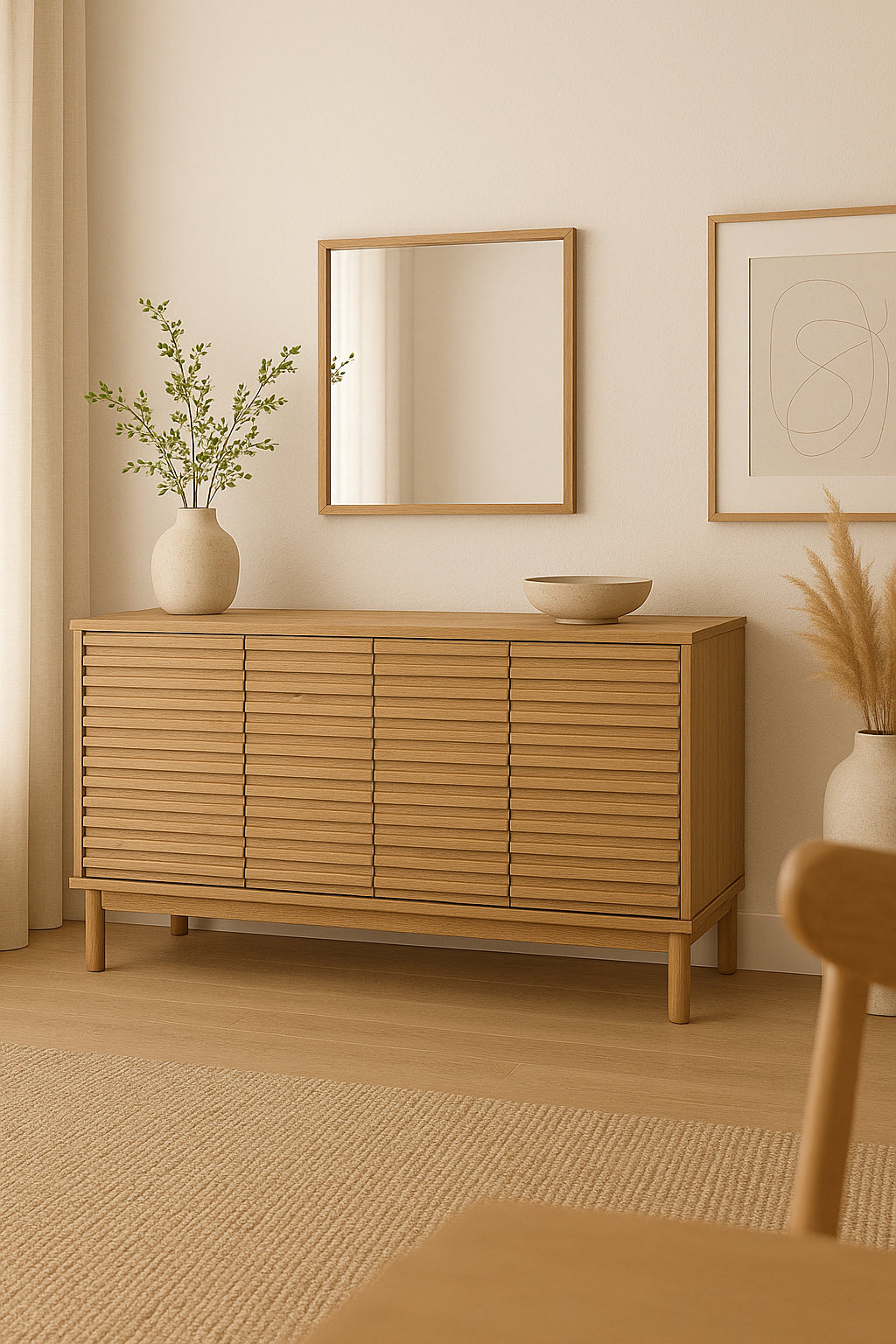 Dressoir massief essenhout Tanner Flaxen lamellen vierdeurs 163 x 46 x 79 cm, woonkamer en eetkamer