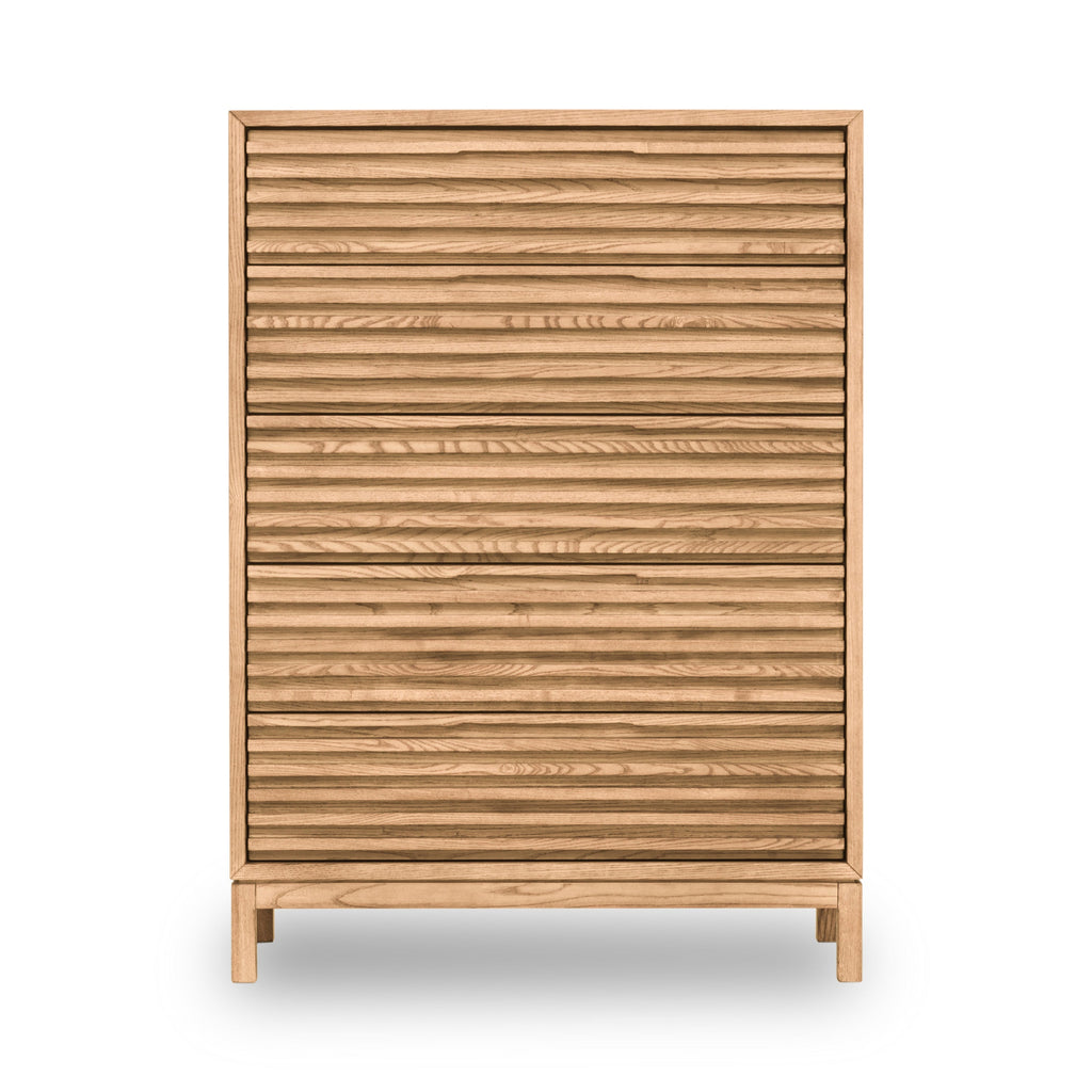 Ladekast essenhout met 5 laden, Tanner Japandi lamellenfront, flaxen naturel – 107 x 46 x 132 cm