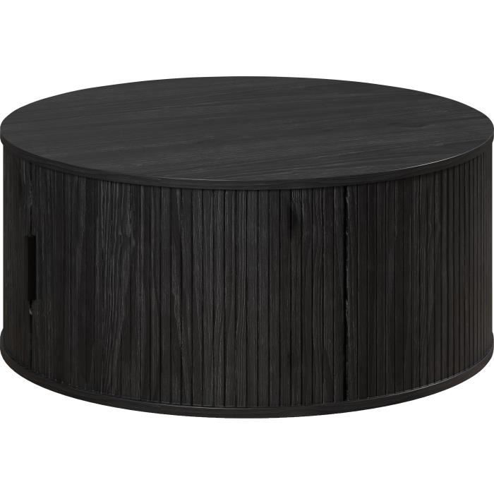 Ronde zwarte salontafel met houtnerf op het blad en een geribbelde zijkant