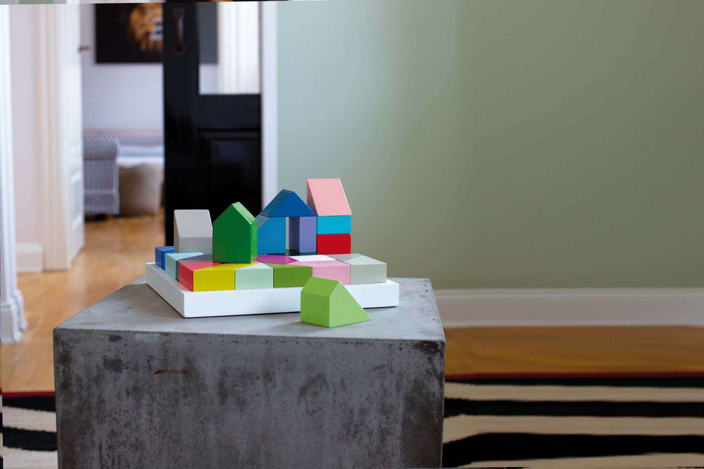 Blokkenspel massief hout multicolor, set van 30 blokken in 30 kleuren, 20 x 20 x 4 cm, spel en woonaccessoire