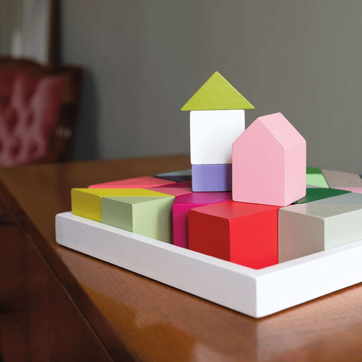 Blokkenspel massief hout multicolor, set van 30 blokken in 30 kleuren, 20 x 20 x 4 cm, spel en woonaccessoire