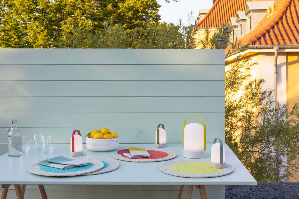 Tafellamp oplaadbaar led kunststof en metaal, Uri Piccolo, rood, lichtblauw en groen, H 15 cm, set van 3