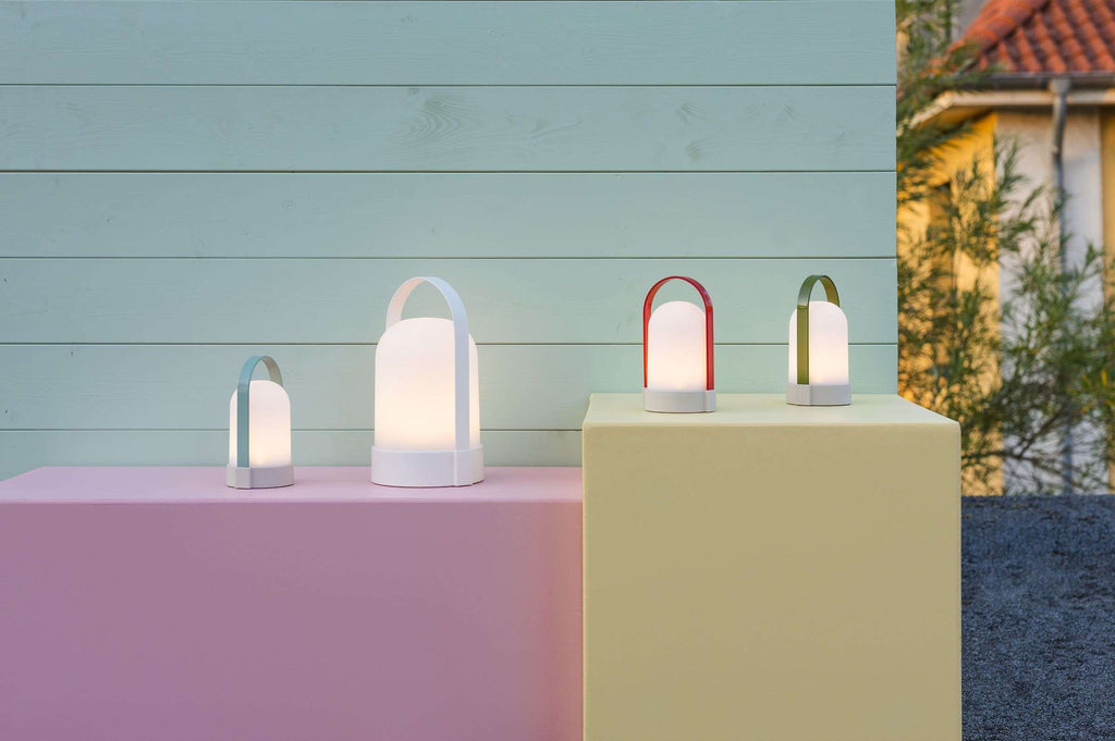 Tafellamp oplaadbaar led kunststof en metaal, Uri Piccolo, rood, lichtblauw en groen, H 15 cm, set van 3