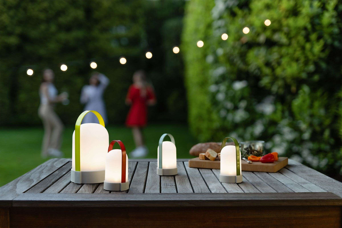 Tafellamp oplaadbaar led kunststof en metaal, Uri Piccolo, rood, lichtblauw en groen, H 15 cm, set van 3