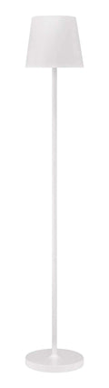 Witte vloerlamp met conische kap, slanke stang en ronde voet