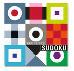 Vierkante doos van het Sudoku-spel met kleurrijke grafische vlakken in blauw, rood, groen en grijs