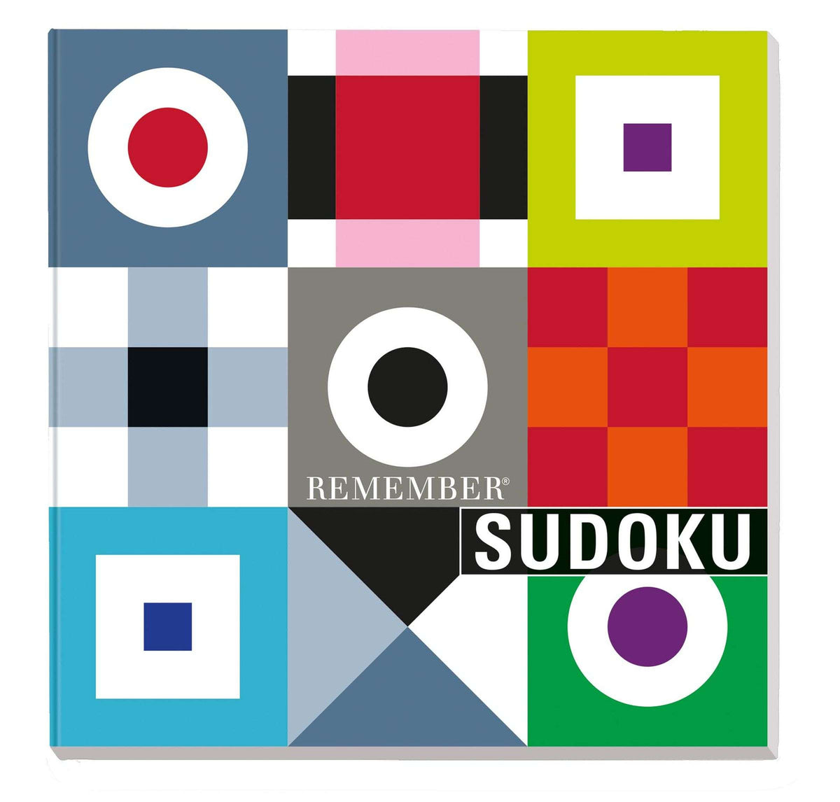 Vierkante doos van het Sudoku-spel met kleurrijke grafische vlakken in blauw, rood, groen en grijs
