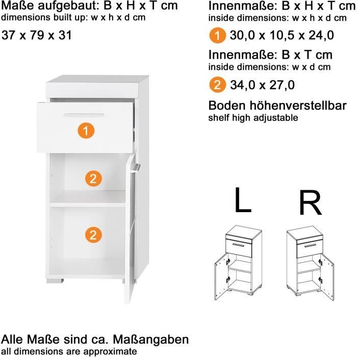 Badkameronderkast Amanda wit hoogglans 37 x 31 x 79 cm, met 1 deur en 1 lade voor de badkamer