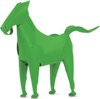 Groene bureau-organizer in de vorm van een paard met staart en oren, op een witte achtergrond