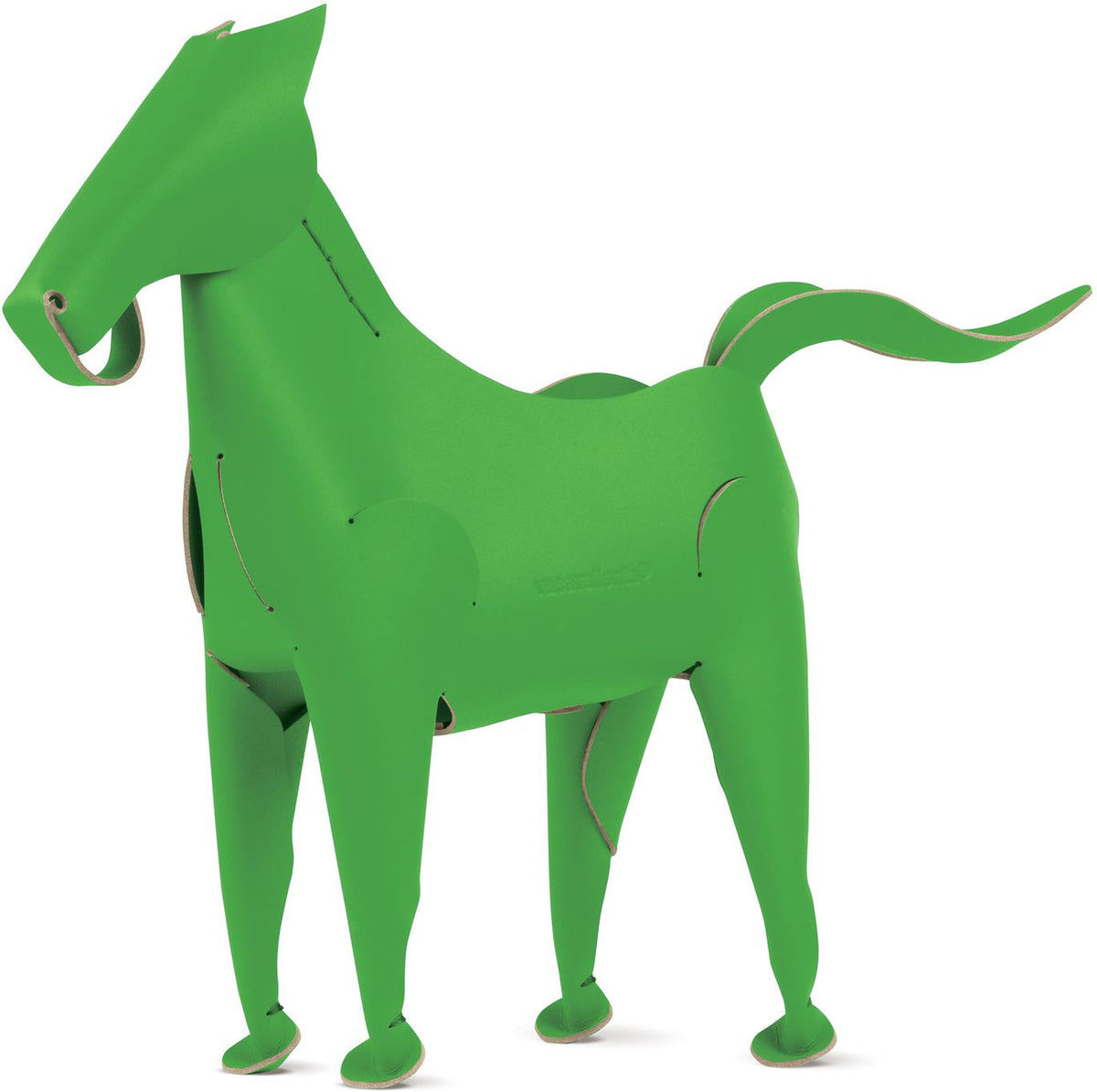 Groene bureau-organizer in de vorm van een paard met staart en oren, op een witte achtergrond