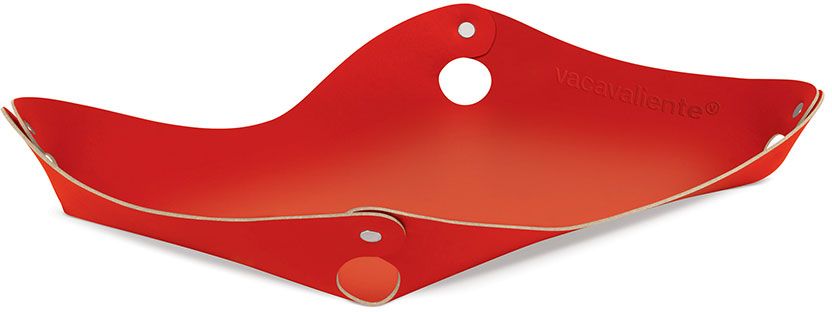 Rode bureau-organiser met gebogen vorm, drukknopen en lichte rand