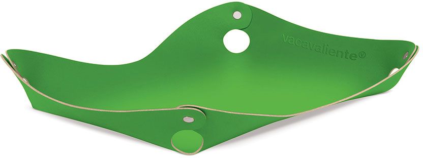 Groene bureau-organiser als open schaal met drukknopen en ronde uitsparingen