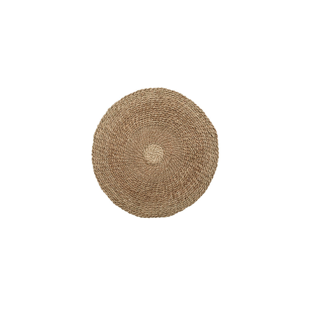 Rond handgeweven vloerkleed van naturel zeegras met een gevlochten structuur in cirkels vanuit het midden