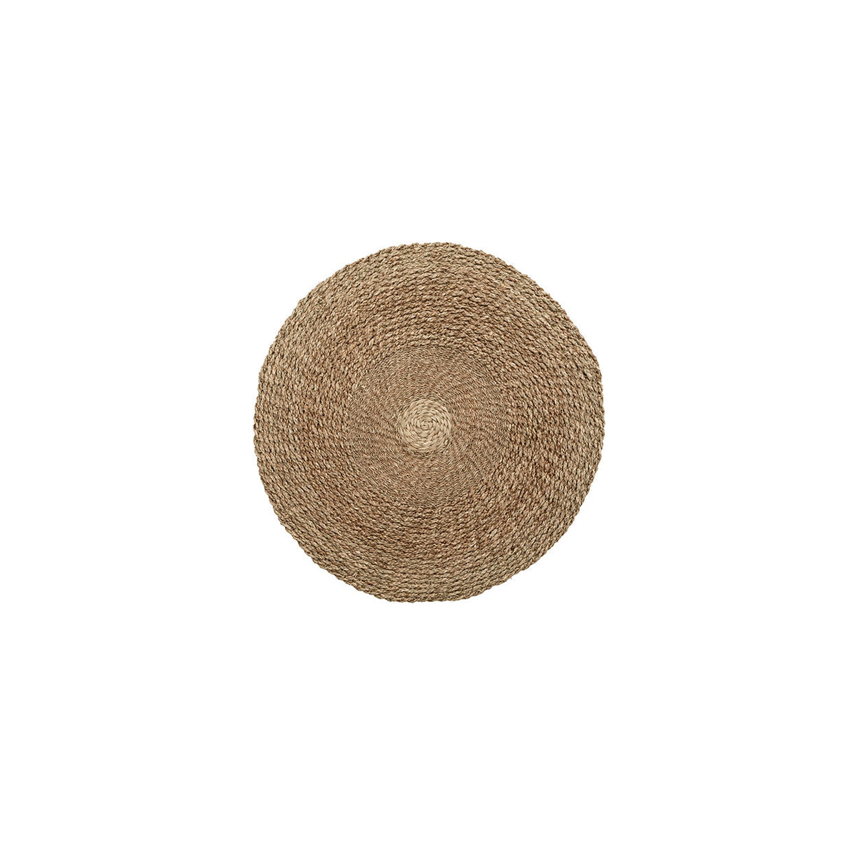 Rond handgeweven vloerkleed van naturel zeegras met een gevlochten structuur in cirkels vanuit het midden
