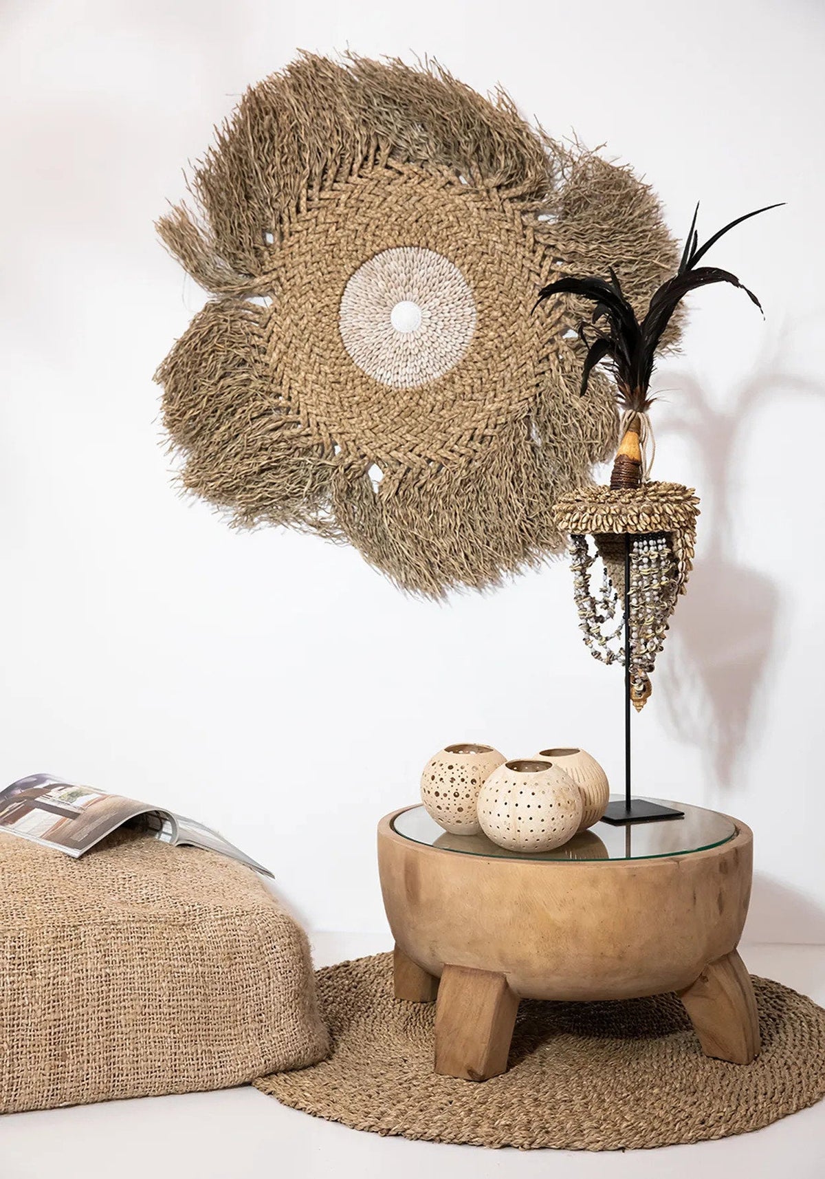 Vloerkleed rond zeegras handgeweven Mekong River, naturel – Ø 90 cm voor woonkamer, slaapkamer en entree