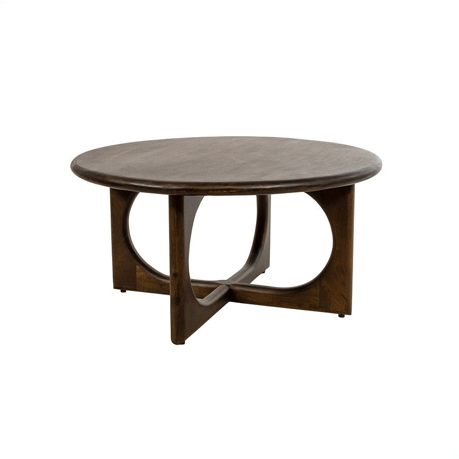 Ronde salontafel van donkerbruin mangohout met afgerande rand en open voet met ronde uitsparingen