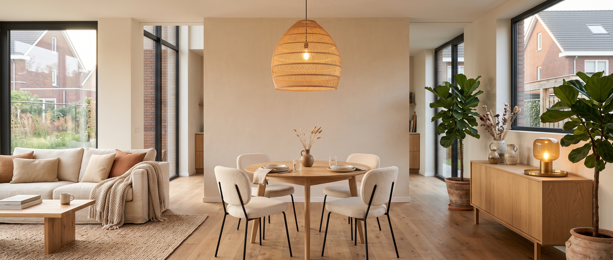 Woonkamer met rotan hanglamp boven een eikenhouten eettafel