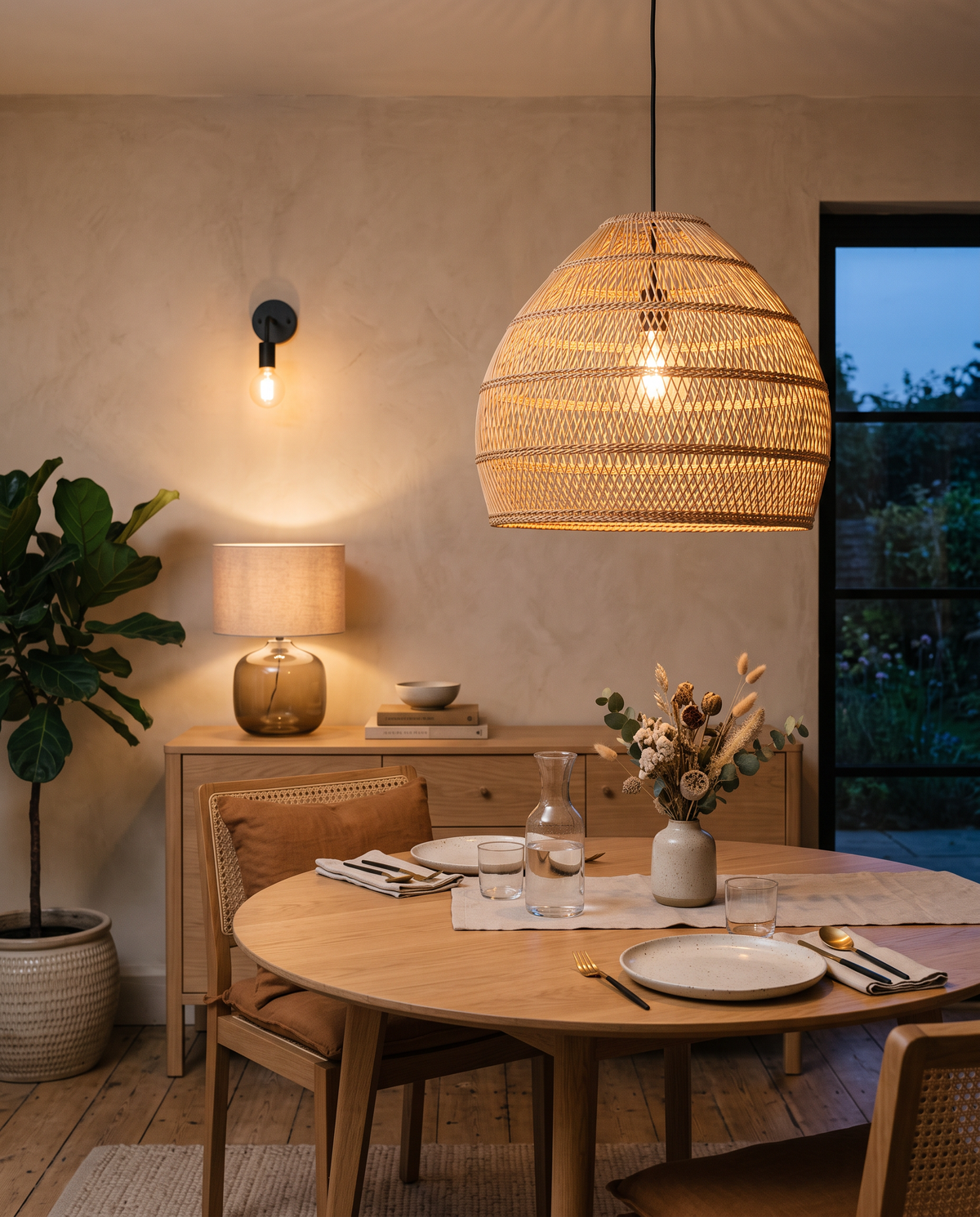 Rotan hanglamp boven een gedekte ronde eettafel