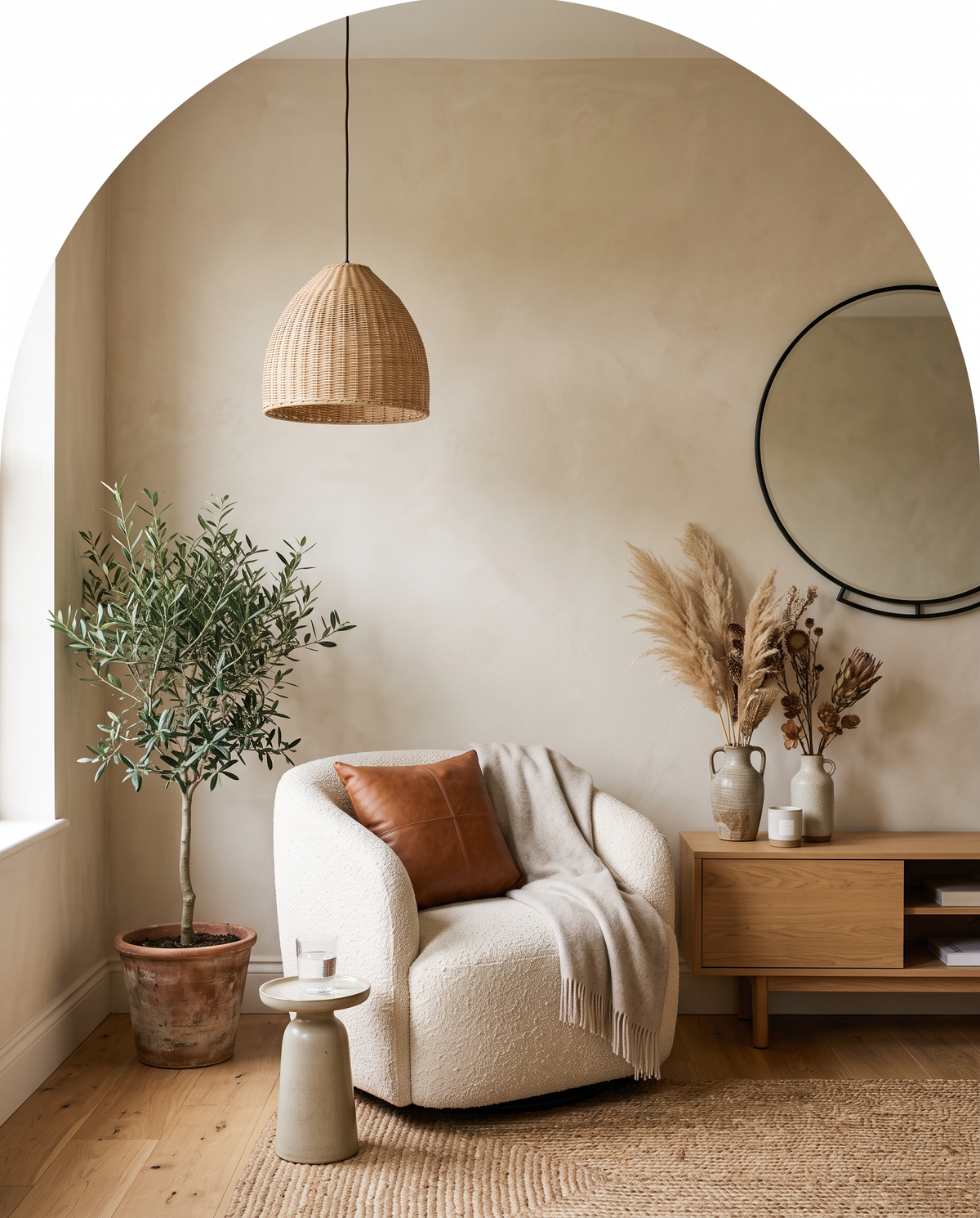 Woonhoek met bouclé fauteuil, eikenhouten console en vazen