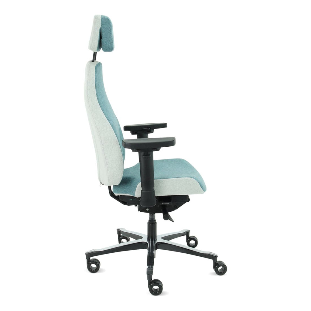 Bureaustoel Therapod X2 met hoofdsteun, Facet wol azuur/asgrijs, 3D-armleggers en schuifzitting